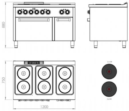 Fourneau professionnel électrique sur four électrique gn 2/1 avec 6 plaques 2,6 kW - 1200x750x880 mm