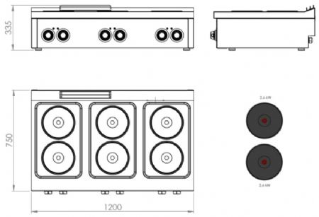 Fourneau de table professionnel électrique avec 6 plaques 2,6 kW - 1200x750x335 mm