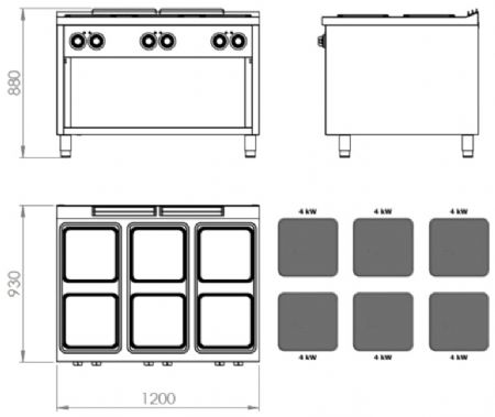 Fourneau professionnel électrique sur placard ouvert avec 6 plaques 4 kW - 1200x930x880 mm
