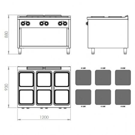 Fourneau profondeur 900 Monophasé 6 plaques 24000 kW sur placard - Hr Fainca - CE6P900E