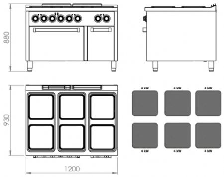 Fourneau professionnel électrique sur four électrique gn 2/1 avec 6 plaques 4 kW - 1200x930x880 mm