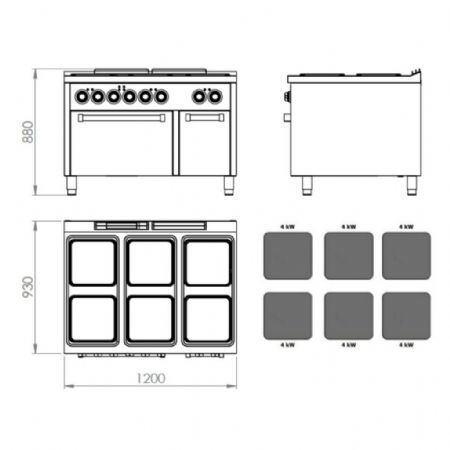 Fourneau profondeur 900 6 plaques Monophasé 29000 kW - Hr Fainca - CE6P900H