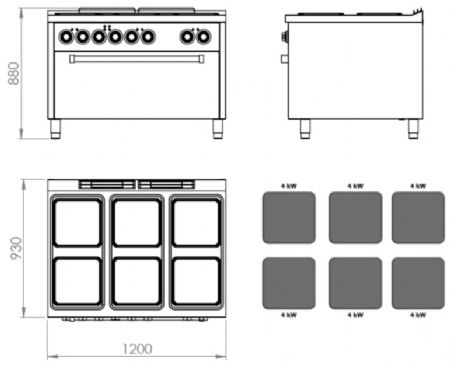 Fourneau professionnel électrique sur four électrique maxi avec 6 plaques 4 kW - 1200x930x880 mm