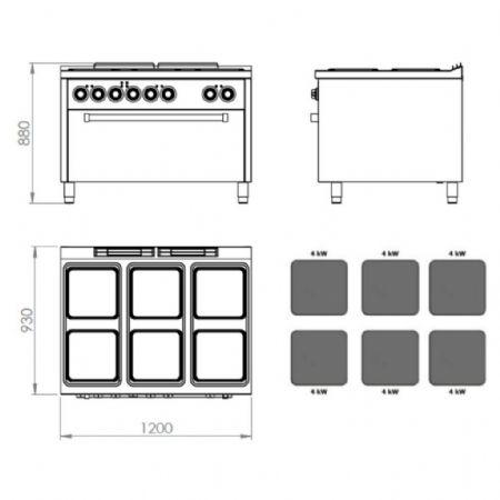 Fourneau profondeur 900 6 plaques Monophasé 31 kW - Hr Fainca - CE6P900HM