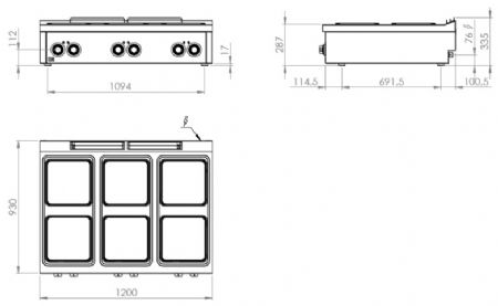 Fourneau de table professionnel électrique avec 6 plaques 4 kW - 1200x930x335 mm