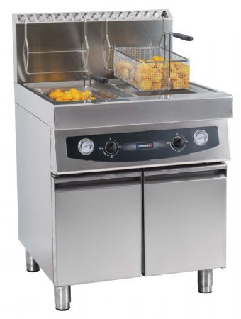 Friteuse gaz inox avec soubassement à 2 portes - 2 x 17 litres Friteuse gaz inox avec soubassement à 2 portes - 2 x 17 litres