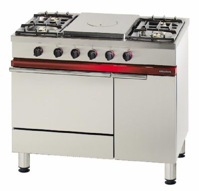 Cuisinire  gaz 4 bruleurs vifs et plaque coup de feu sur 1 four  gaz GN 1/1 - Prof 650mm