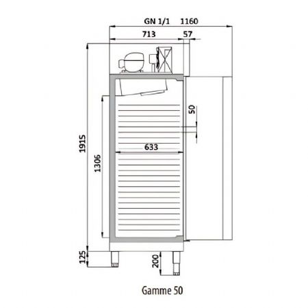 Rfrigrateur inox GN1/1 avec cots emboutis 1 porte battante vitre  -2 / +8C - 300L