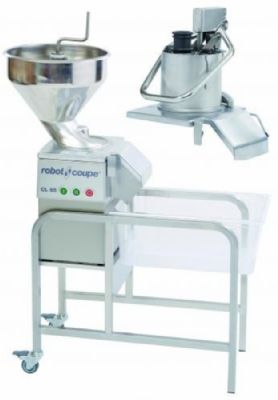 Coupe légumes à 2 goulottes grand débit et chariot inox à roulettes 400kg/h - 375 à 750 trs/min Coupe légumes à 2 goulottes grand débit et chariot inox à roulettes 400kg/h - 375 à 750 trs/min