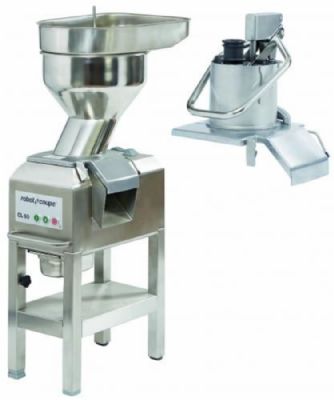 Coupe légumes à 2 goulottes et chariot inox à roulettes 400kg/h - 375 à 750 trs/min ou 100 à 1000 trs/min Coupe légumes à 2 goulottes et chariot inox à roulettes 400kg/h - 375 à 750 trs/min ou 100 à 1000 trs/min