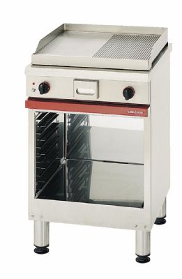 Plaque à snacker gaz en acier sur armoire ouverte surface mi lisse mi rainurée - 600x650x900 mm Plaque à snacker gaz en acier sur armoire ouverte surface mi lisse mi rainurée - 600x650x900 mm