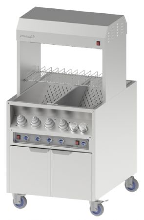 Poste de salage inox avec 8 chauffe-sauces et 4 ampoules chauffantes