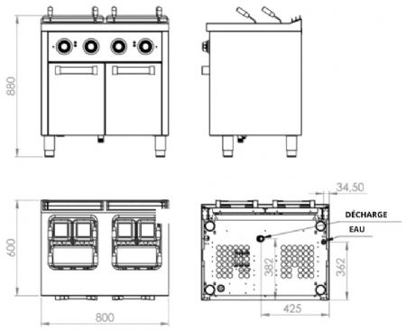 Cuiseur à pâtes électrique sur placard avec portes 2 cuves 25+25 litres - 12 kW - 800x600x880 mm