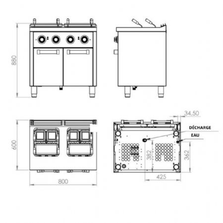 Cuiseur à pâtes pro profondeur 600 Monophasé 2 cuves 25+25 L 12000 kW - Hr Fainca - CPE25L25L600E