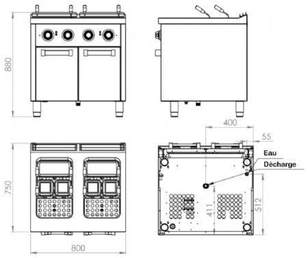 Cuiseur à pâtes électrique sur placard avec portes 2 cuves 25+25 litres - 12 kW - 800x750x880 mm