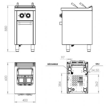 Cuiseur à pâte pro profondeur 600 Monophasé 1 cuve 25 L 6000 kW - Hr Fainca - CPE25L600E