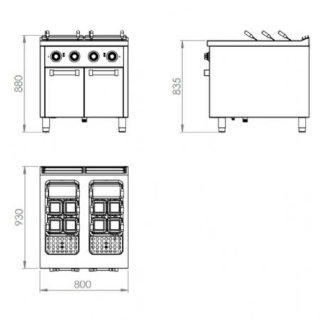 Cuiseur à pâte pro profondeur 900 Triphasé sur placard 2 cuves 40+40 L 26000 kW - Hr Fainca - CPE40L40L900E