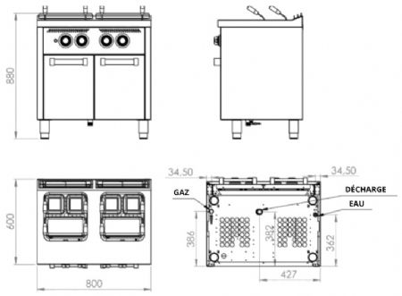 Cuiseur à pâtes à gaz sur placard avec portes 2 cuves 25+25 litres - 19,2 kW - 800x600x880 mm