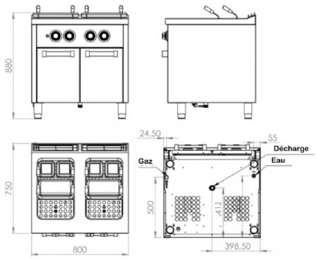 Cuiseur à pâtes à gaz sur placard avec portes 2 cuves 25+25 litres - 19,2 kW - 800x750x880 mm