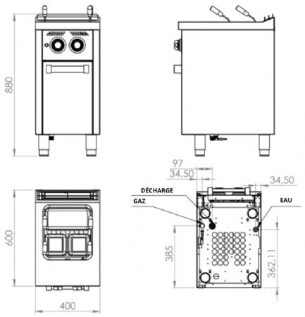Cuiseur à pâtes à gaz sur placard avec porte 1 cuve 25 litres - 9,6 kW - 400x600x880 mm