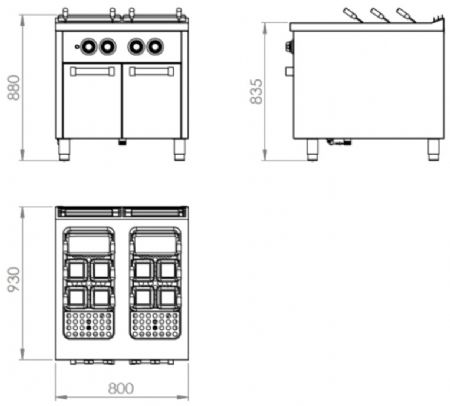 Cuiseur à pâtes à gaz sur placard avec portes 2 cuves 40+40 litres - 26 kW - 800x930x880 mm