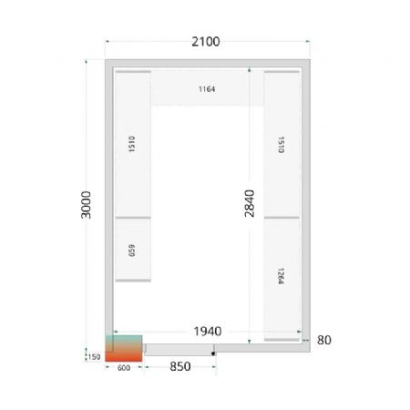 Panneaux de chambre froide 80 mm avec sol et porte 11.24 m - 2100x3000x2200 mm
