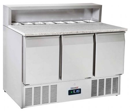Meuble à Pizzas saladette de préparation 3 portes GN 1/1 granit dessus granit et 5 bacs GN - Casselin - CSAP3PG