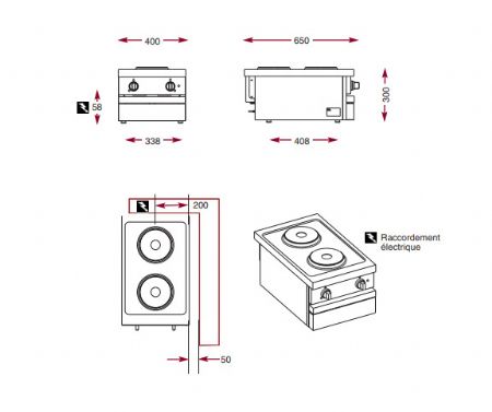 Cuisinire lectrique 2 plaques rondes 2 kW chacunes  poser - 400x650x300 mm