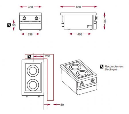 Cuisinire lecrique 2 plaques vitrocramiques (1x3,5kW et 1x1,2 kW)  poser - 400x650x300mm