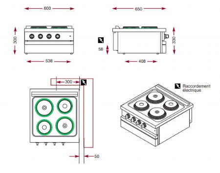 Cuisini�re �lectrique 4 plaques rondes � poser - 600x650x300 mm