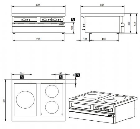 Cuisinire lectrique 3 plaques  induction  poser - 800x650x300mm