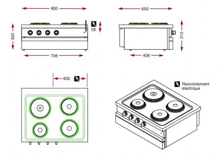 Cuisinire lectrique 4 plaques rondes  poser - 800x650x300 mm