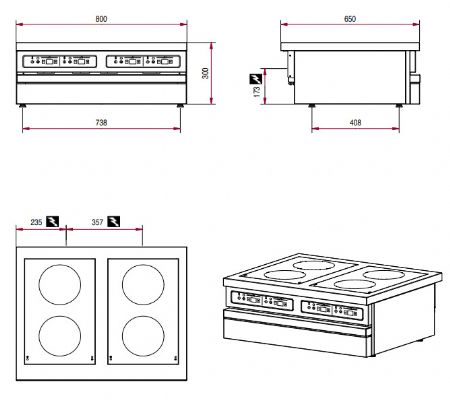 Cuisinire lectrique 4 plaques  induction  poser - 800x650x300mm