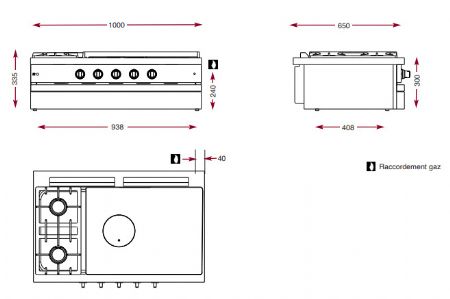Cuisini�re � gaz 2 bruleurs vifs et 1 grande plaque coup de feu � poser - 1000x650x300mm