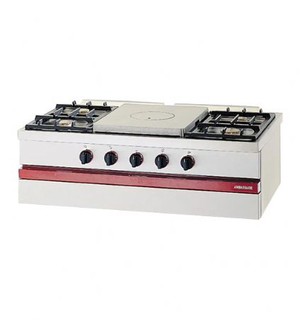 Cuisinière à gaz 4 bruleurs vifs et 1 plaque coup de feu centrale à poser - 1000x650x300mm Cuisinière à gaz 4 bruleurs vifs et 1 plaque coup de feu centrale à poser - 1000x650x300mm