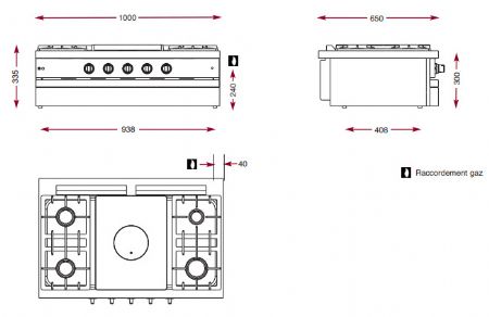 Cuisinire  gaz 4 bruleurs vifs et 1 plaque coup de feu centrale  poser - 1000x650x300mm