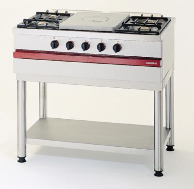 Cuisinière à gaz 4 bruleurs vifs et 1 plaque coup de feu centrale à poser - 1000x650x300mm Cuisinière à gaz 4 bruleurs vifs et 1 plaque coup de feu centrale à poser - 1000x650x300mm