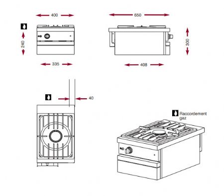 Cuisinire  gaz 1 bruleur vif 5 kW  poser -  400x650x300 mm