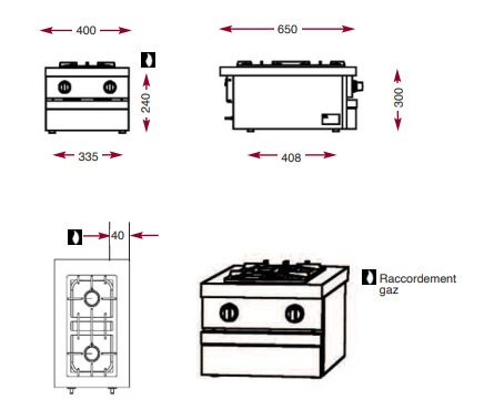 Cuisinire  gaz 2 bruleurs vifs  poser - 400x650x300 mm