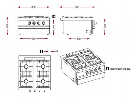 Cuisini�re � gaz 4 bruleurs vifs � poser - 600x650x300 mm