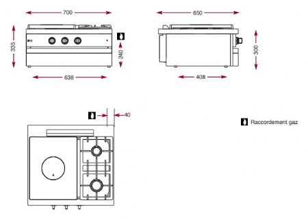 Cuisini�re � gaz 2 bruleurs vifs et 1 plaque coup de feu � poser - 700x650x300mm