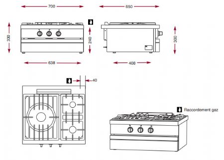 Cuisini�re � gaz 3 bruleurs vifs � poser - 700x650x900mm
