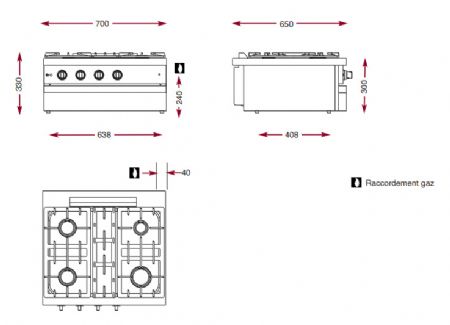 Cuisinire  gaz 4 bruleurs vifs  poser - 700x650x300 mm