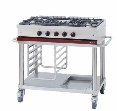 Cuisinière à gaz 5 bruleurs vifs sur chariot - 1200x650x950 mm Cuisinière à gaz 5 bruleurs vifs sur chariot - 1200x650x950 mm