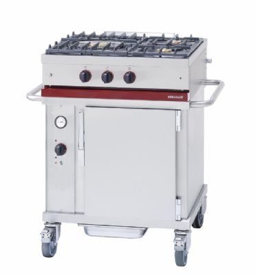 Cuisinière à gaz 3 bruleurs vifs sur four à convection électrique sur roulettes Cuisinière à gaz 3 bruleurs vifs sur four à convection électrique sur roulettes