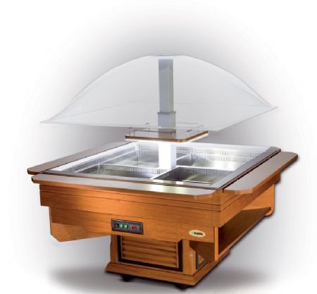 Buffet réfrigéré central en bois carré avec 8 bacs GN1/1 allant de +3° à +10° - 1550x1550x1700mm