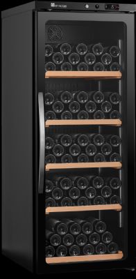 Cave à vin professionnelle noire avec 1 porte vitrée et 5 étagères en bois amovibles - 131 bouteilles Cave à vin professionnelle noire avec 1 porte vitrée et 5 étagères en bois amovibles - 131 bouteilles