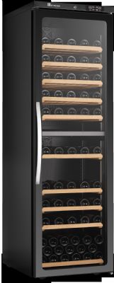 Cave à vin professionnelle noire bi-température avec 1 porte vitrée et 9 étagères en bois amovibles - 169 bouteilles Cave à vin professionnelle noire bi-température avec 1 porte vitrée et 9 étagères en bois amovibles - 169 bouteilles