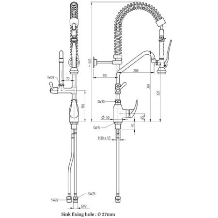 Douchette pro acier inox et robinet avec groupe mitigeur monocommande Sortie mono-trou