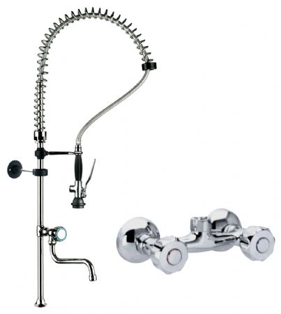 Robinetterie professionnelle pour plonge cuisine douchette avec robinet et bec, fixation murale - Redfox - DOC 4+